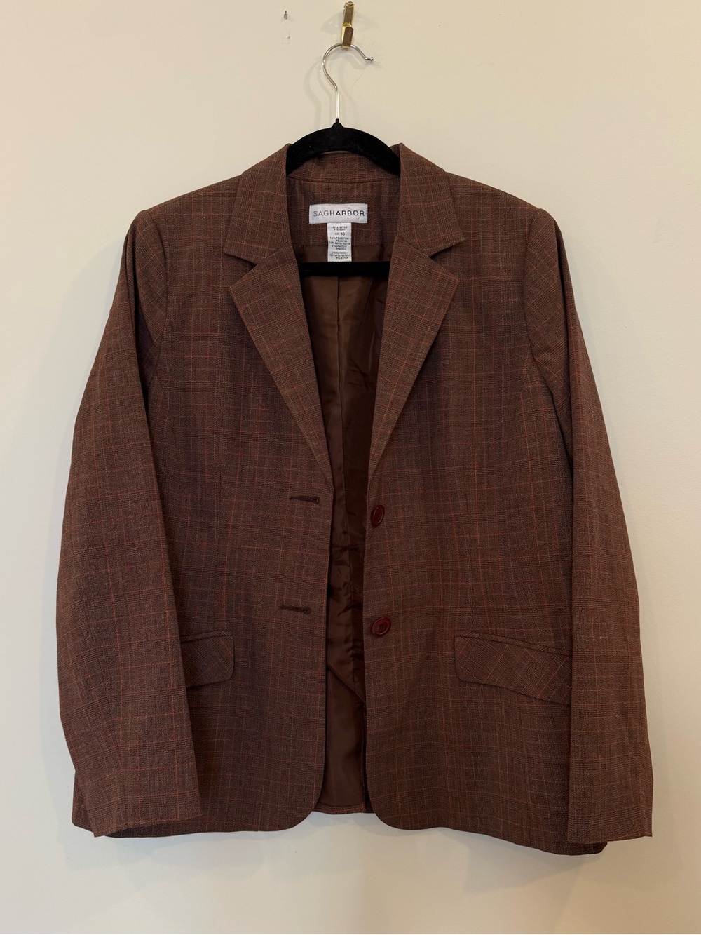 Sag Harbor Women’s Brown Plaid Blazer with Subtle Red Windowpane